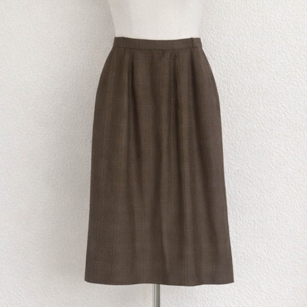 Vintage 80s Mark Shale Wool Skirt • Brown Houndstooth Glen Plaid • High Waist 6
